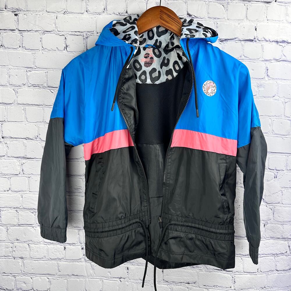 Buc-ees Hooded Windbreaker Jacket Color Block Pink Blue Black Cheetah Youth Lg